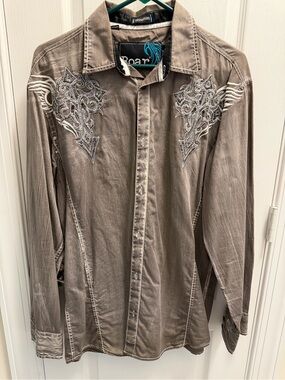 Roar Men's Taupe Gray Embroidered Button-Down Shirt